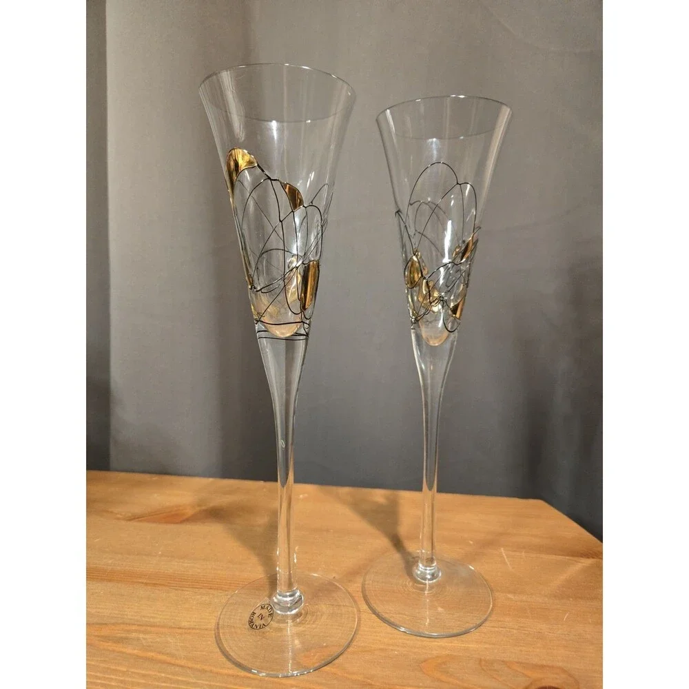 2 Romania Milano Crystal Gold & Black Champagne Flutes Wine Glasses, 11